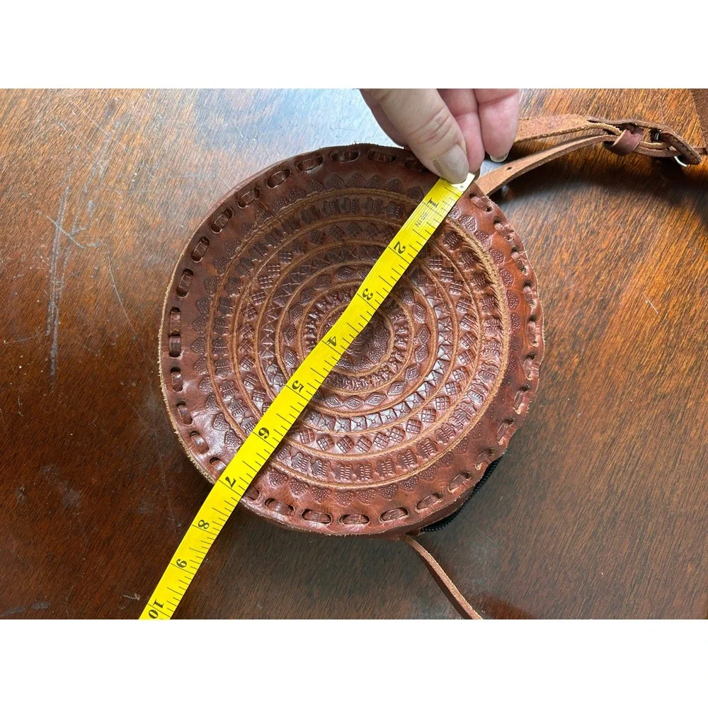 Handmade Round Leather Crossbody Bag Embossed Mandala Tooled Brown Boho Purse